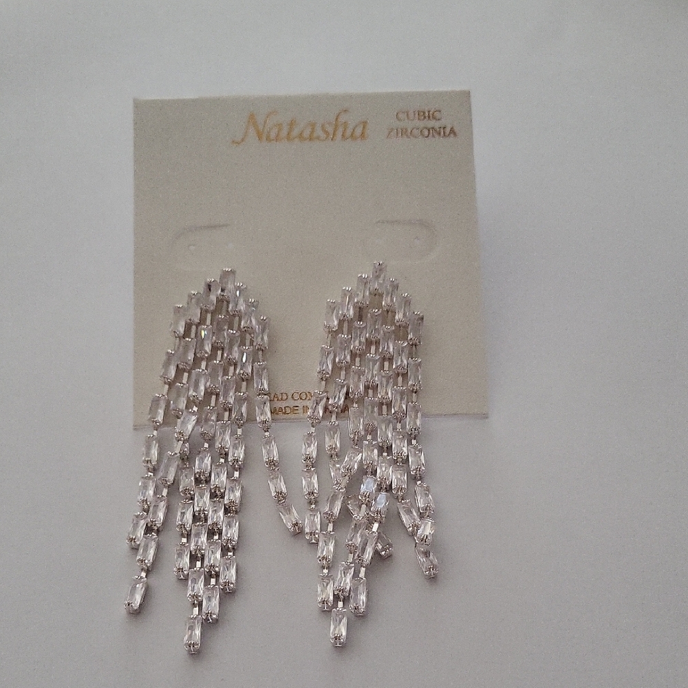 Natasha brand cubic zirconia waterfall fringe statement earrings
